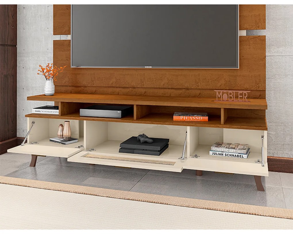 Kit Painel de TV e Bancada 160cm Arcade Nature/Off White - Mobler - Marrom