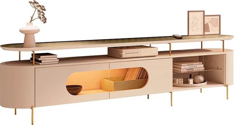 Rack Bancada Ária com Led e Prateleira Vidro TV Até 85 Polegadas Off White/Champanhe G26 - HB Móveis
