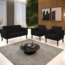 Sofá Namoradeira e 2 Poltronas Base Madeira Preto Maressa Linho Preto