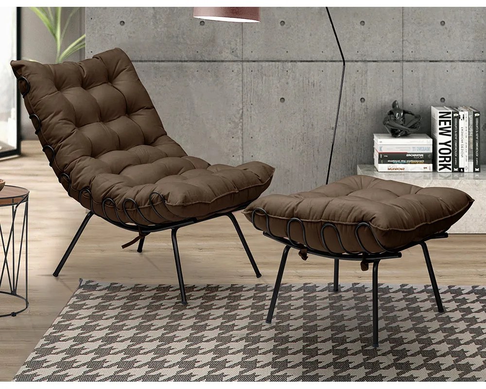 Puff Decorativo Sala de Estar Abel Pés Preto Suede Marrom G41 - Gran Belo