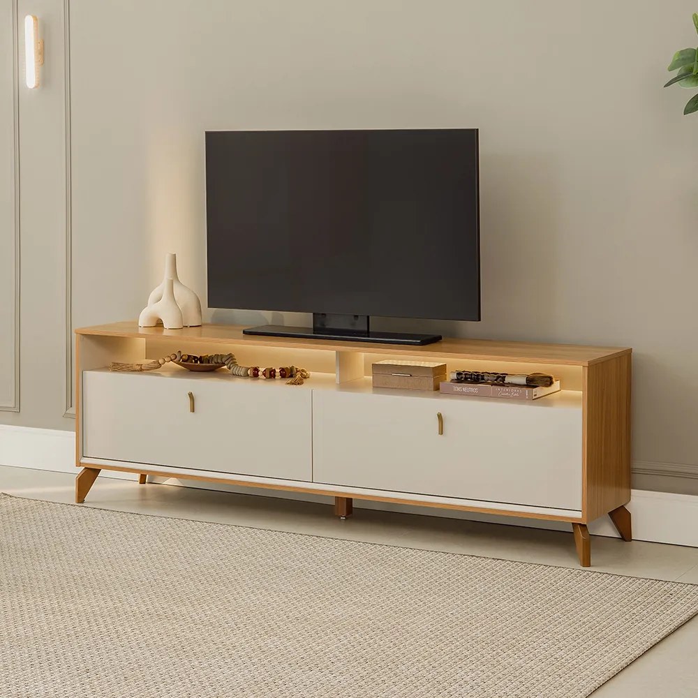 Rack Bancada Duarte com LED Pés em Madeira 182cm TV Até 60 Polegadas Tauari/OffWhite  G77 - Gran Belo