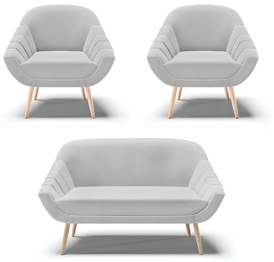 Kit 01 Namoradeira 02 Lugares e 02 Poltronas Giovana Linho Cinza A05 Pés Palito Natural - Indo Decorar