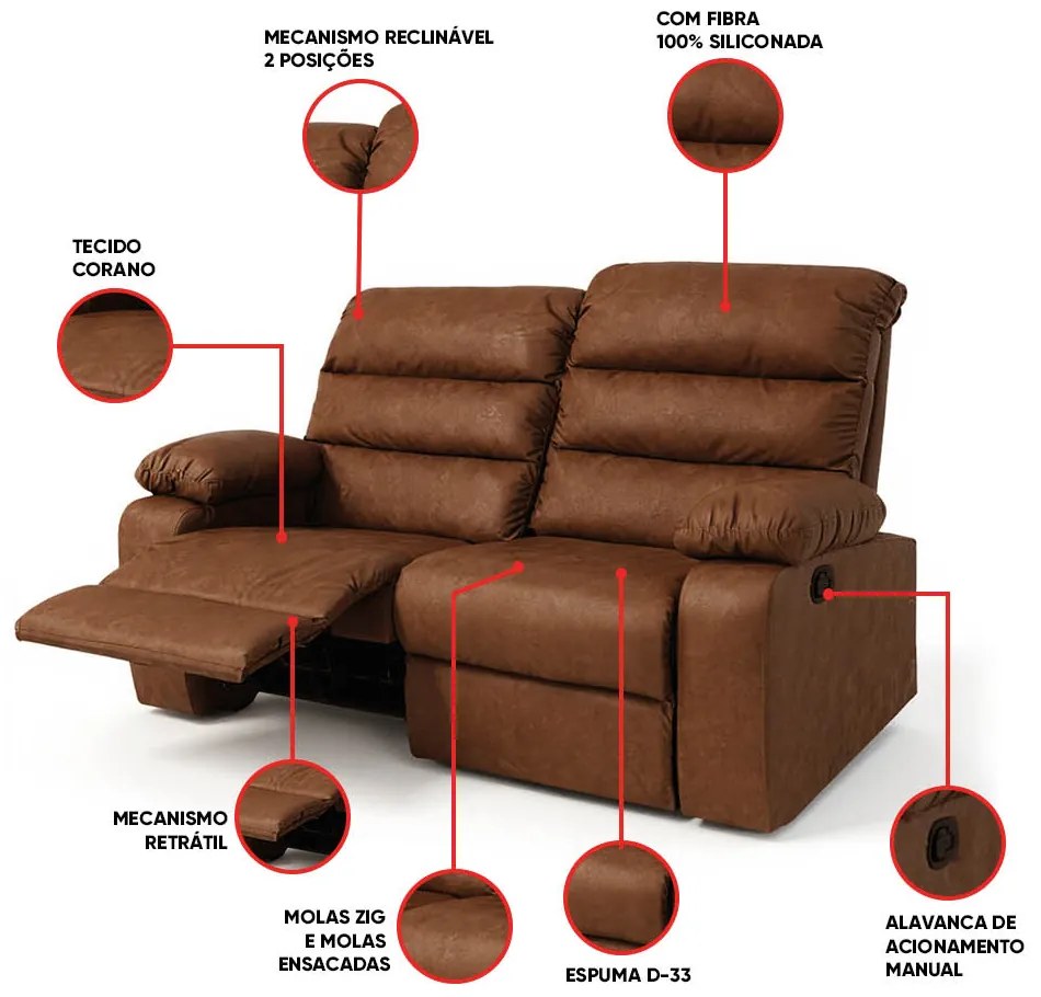 Sofá 2 Lugares Reclinável Retrátil 170cm Naaman Sintético PU Marrom K01 - D'Rossi