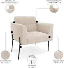 Poltrona Para Sala Pé Metal Preto Kit 2 Ana Bouclé Bege - Ibiza