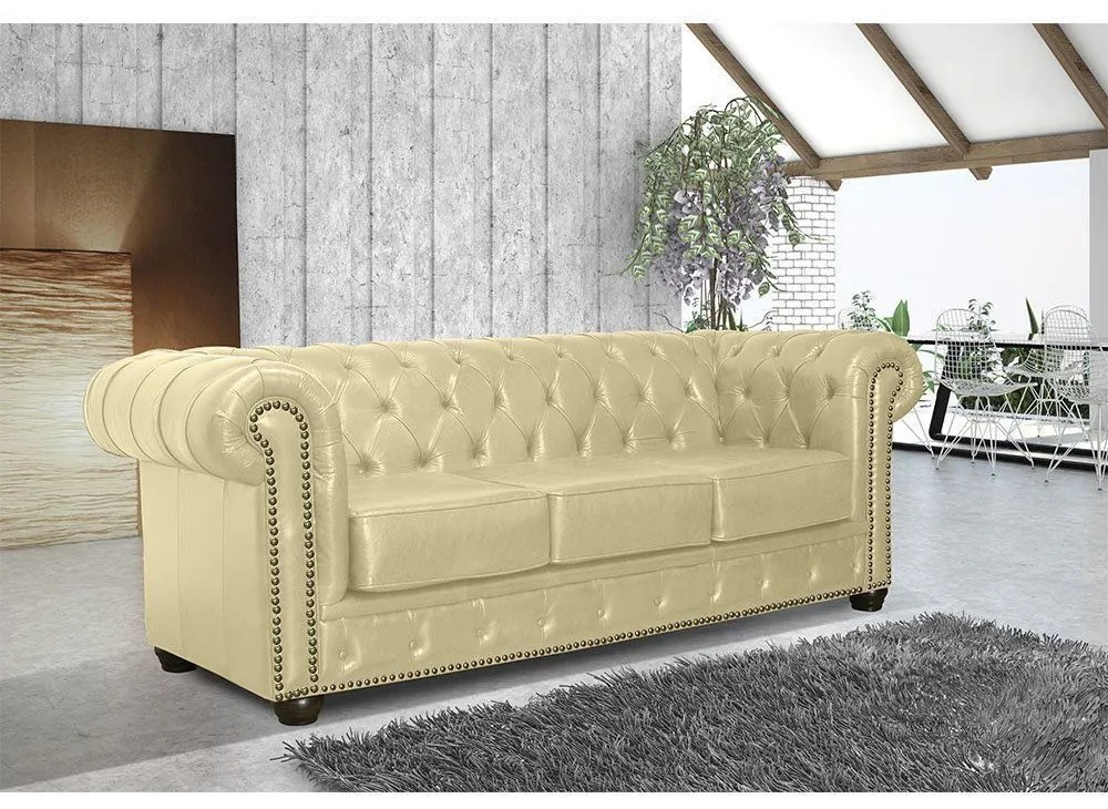Sofá Chesterfield 3 Lugares com Pés Madeira Couro Bege G40 - Gran Belo