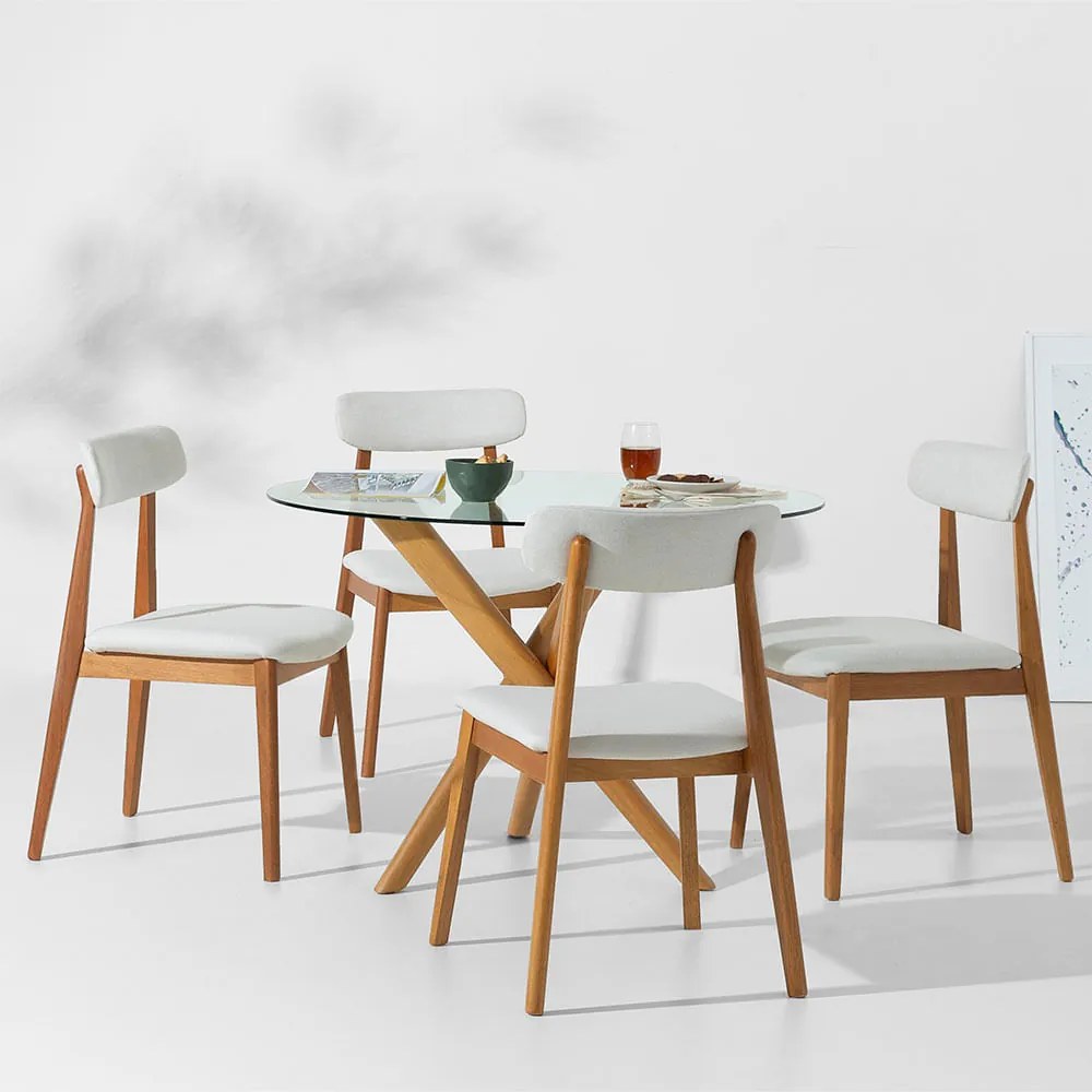 Conjunto Mesa de Jantar Thai Redonda Vidro Incolor - 1,10m + 4 Cadeira Nord Encosto Estofado Texture - Off White