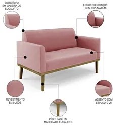 Sofá Namoradeira e 2 Poltronas Base Madeira Castanho Maressa Suede Ros