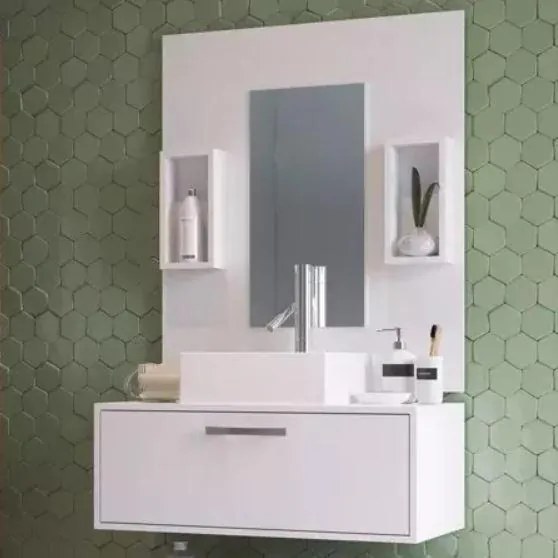 Gabinete Banheiro Completo Cuba Painel Balcão Espelho Kit Torneira BR