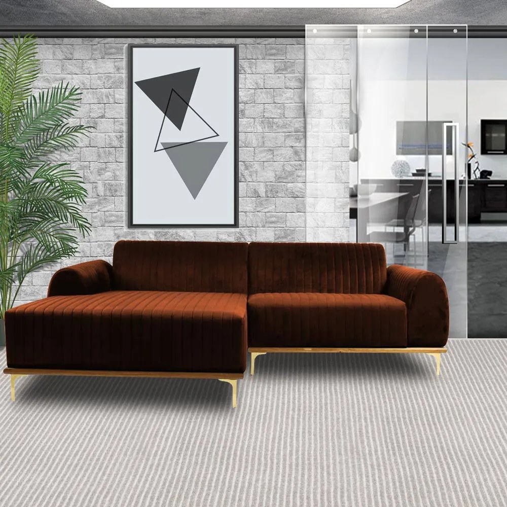 Sofá 4 Lugares Bipartido com Chaise Lado Direito Base de Madeira Euro 255 cm Veludo Telha G15 - Gran Belo