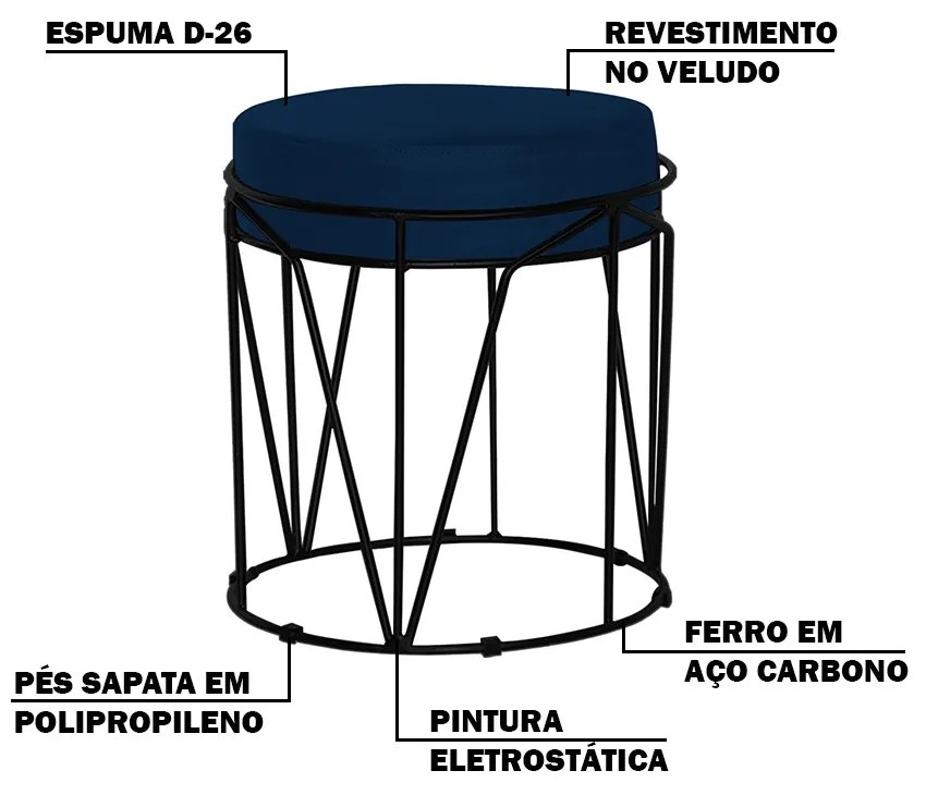 Puff Decorativo Sala de Estar Base Preto Chloe Veludo Azul G41 - Gran Belo