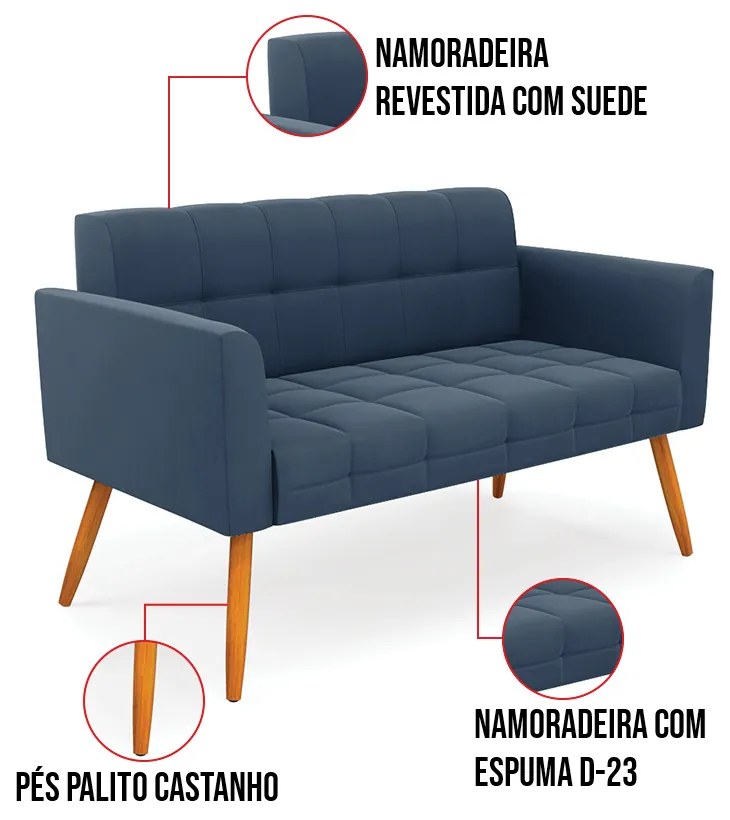 Kit 1 Sofá Namoradeira e 1 Poltrona Elisa Suede Pés Palito Castanho D03 - D'Rossi - Azul Marinho