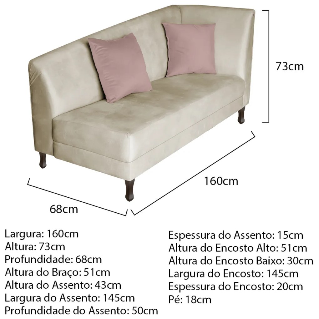 Divã Recamier Heitor 160cm Lado Esquerdo Linho - ADJ Decor