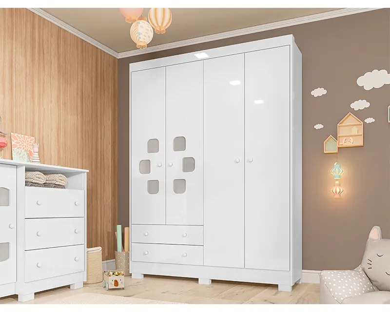 Guarda Roupa Infantil Carinho 4 Portas 2 Gavetas Branco Flex - Incorplac - Branco
