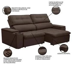 Sofá Retrátil Reclinável 3 Lugares 230cm Ginevra F05 Veludo Marrom - M
