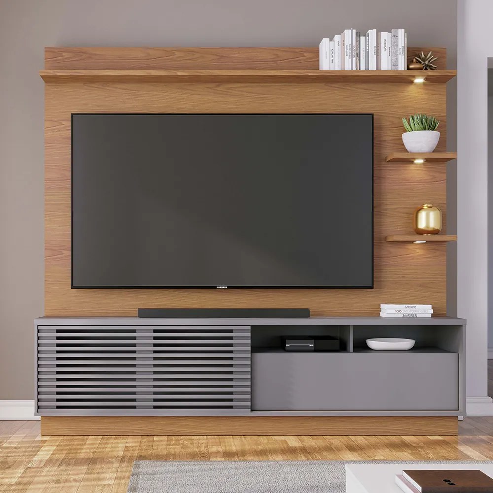 Estante de TV 70 Polegadas 200cm com Led Lidia C04 - D'Rossi - Freijó e Cinza Fosco
