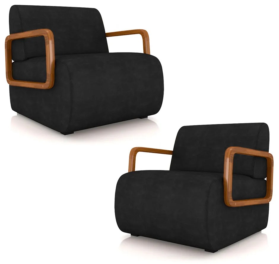 Kit 2 Poltronas Decorativa Sala de Estar Odessa Braços em Madeira PU Preto G33 - Gran Belo