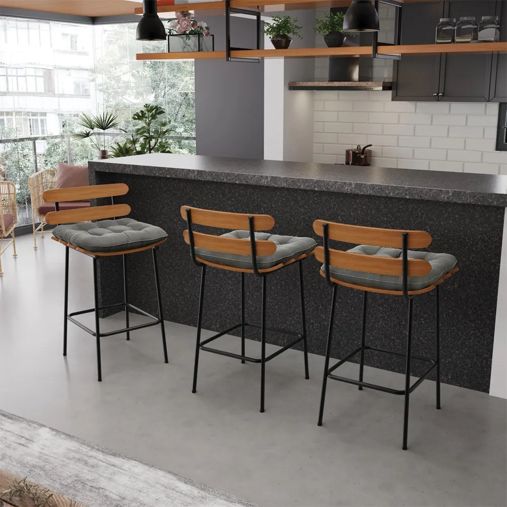 Banqueta Costela Suede Base Metálica Preto - D'Rossi - Grafite