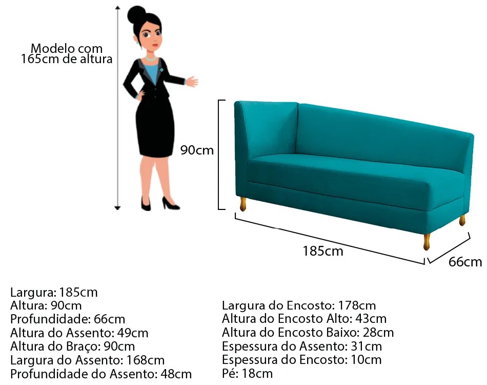 Recamier Valéria 185cm Lado Esquerdo Suede Azul Turquesa - ADJ Decor