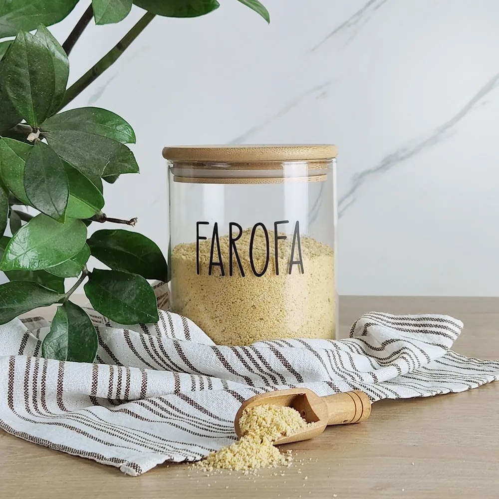 Pote de Vidro e Tampa de Bambu com Etiqueta