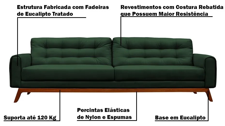 Sofá 3 Lugares Sala de Estar Eros 180 cm Veludo Esmeralda Base Fixa G15 - Gran Belo
