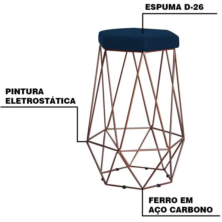 Banqueta Decorativa Rubel Base Bronze Veludo Azul G41 - Gran Belo