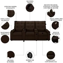 Poltrona de Cinema Reclinável 3 Lugares Baú USB Mallie FH9 PU Marrom -