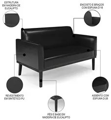 Sofá Namoradeira e 2 Poltronas Base Madeira Preto Maressa Sintético PU