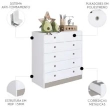Cômoda Para Quarto Infantil com 5 Gavetas Juno Branco A05 - Mpozenato