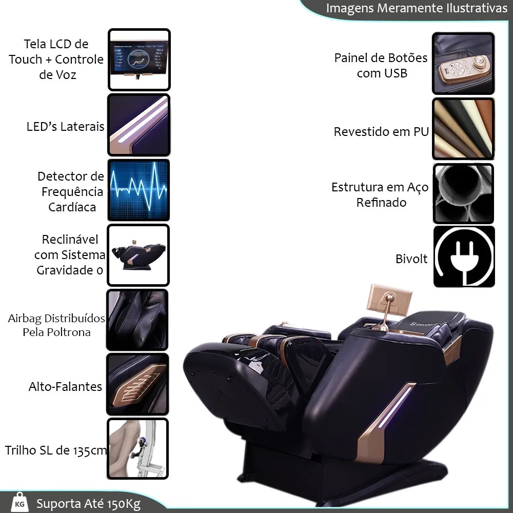 Poltrona Elétrica 3D Stark Bivolt Reclinação Gravidade Zero com Massagem Aquecimento Controle LCD Touch PU Preto G94 - Gran Belo