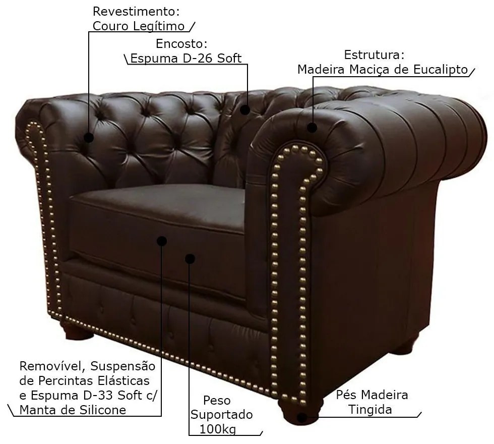 Poltrona Sala de Estar Chesterfield com Pés Madeira Couro Capucino G40 - Gran Belo