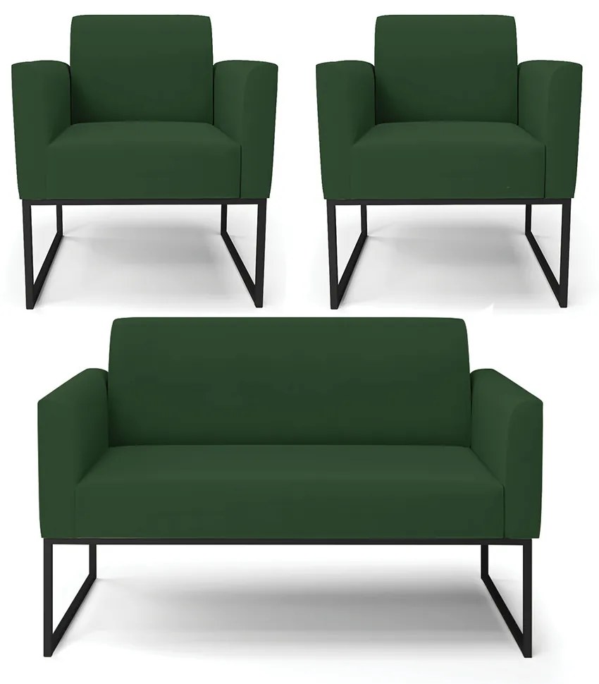 Sofá Namoradeira com 2 Poltronas Base Industrial Preto Marisa Veludo D03 - D'Rossi - Verde