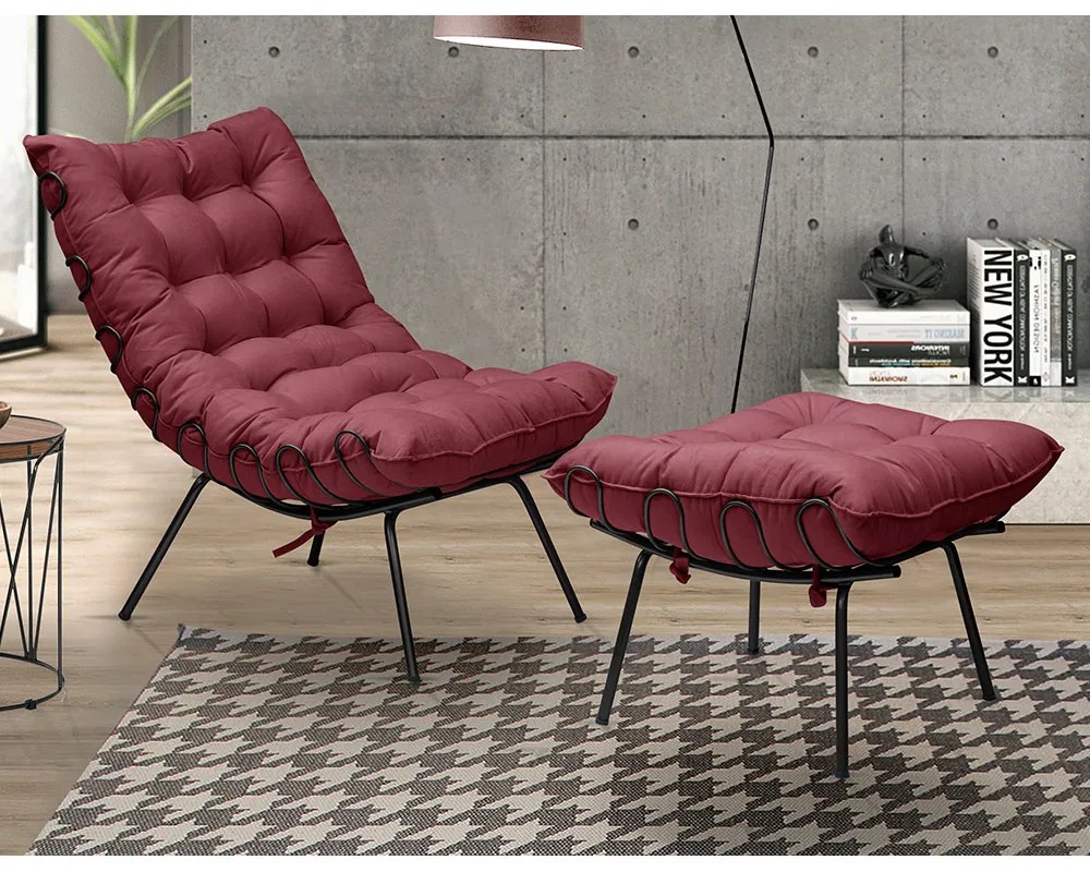 Puff Decorativo Sala de Estar Abel Pés Preto Suede Bordô G41 - Gran Belo