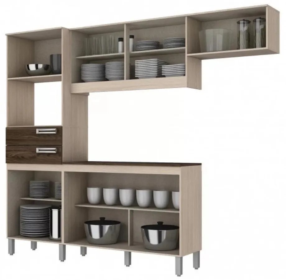 Cozinha Compacta C/ Gabinete Tampo Balcão Armário Aéreo - Fendi/Moka