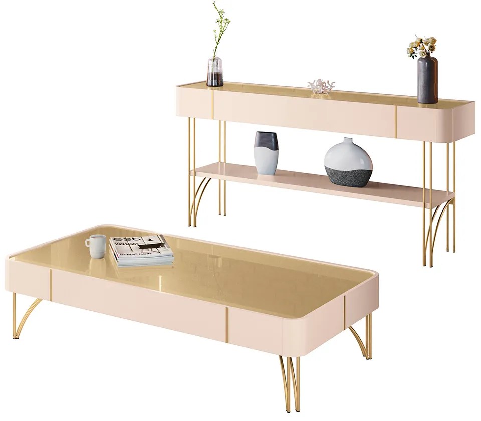 Conjunto Decorativo Aparador MDP/MDF e Mesa de Centro Vivant/Cadenza Off White/Champagne G26 - HB Móveis