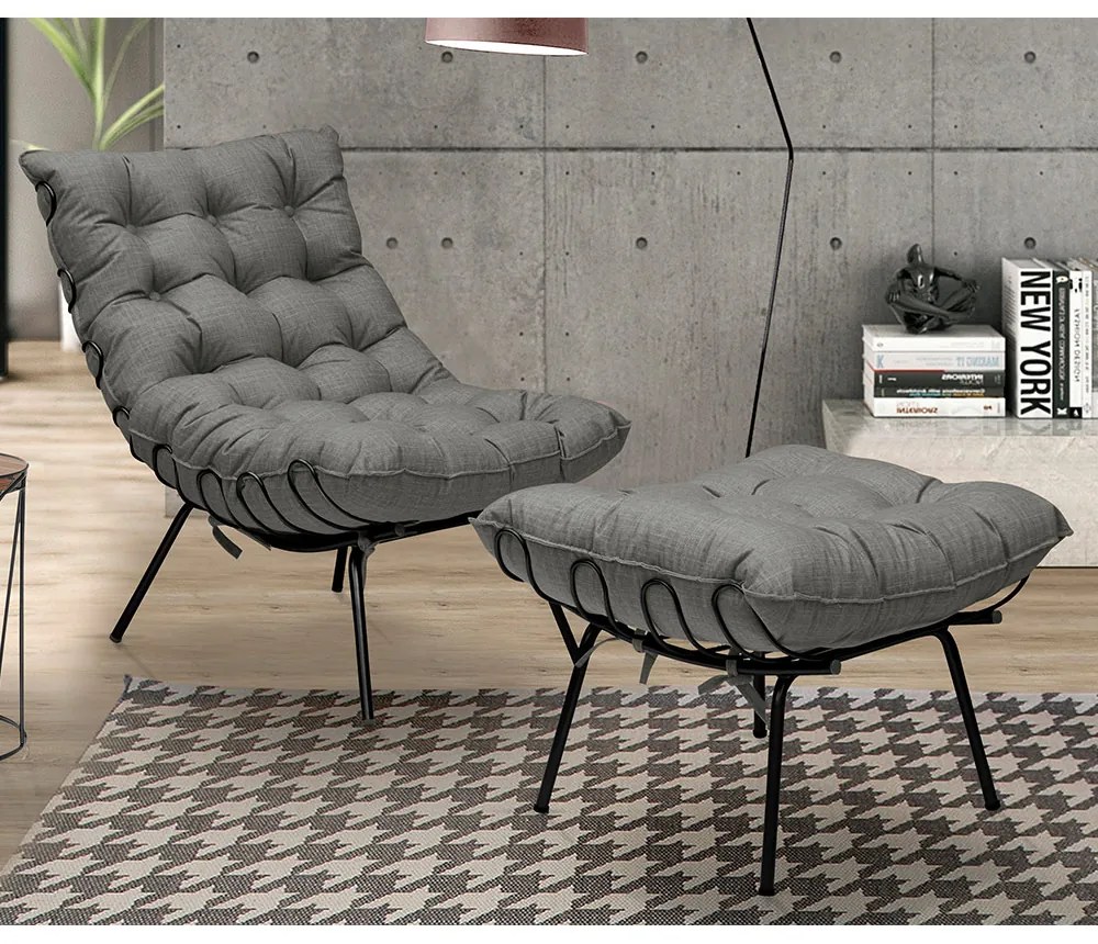Conjunto Decorativo Poltrona e Puff Abel Base de Ferro Preto Linho Grafite G41 - Gran Belo