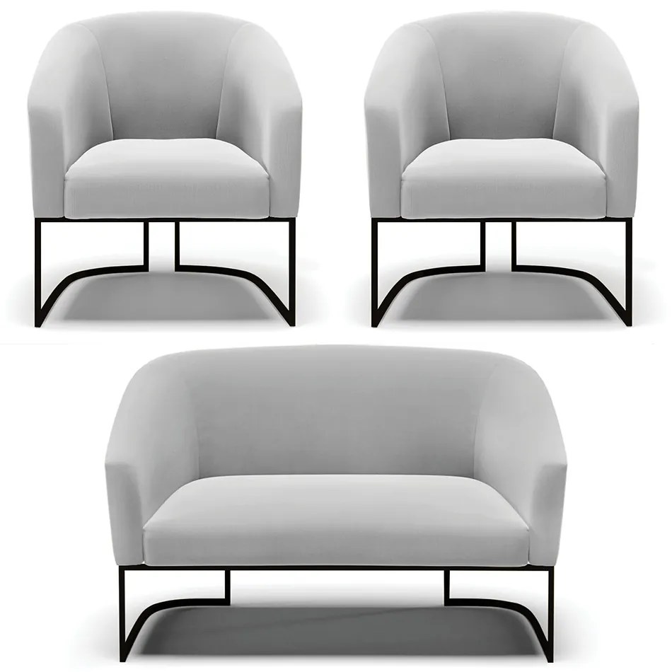 Namoradeira e 2 Poltronas Industrial Preto Stella Suede D03 - D'Rossi - Cinza