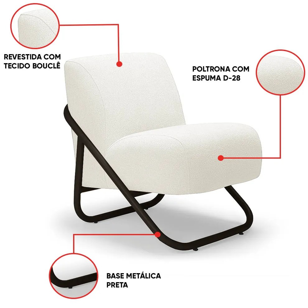 Poltrona Sala Estar Industrial Preto Kit 2 Martina Bouclê K01 - D'Rossi - Off White
