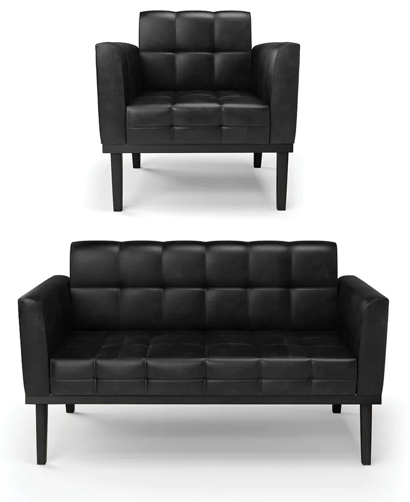 Conjunto Poltrona e Namoradeira Decorativa Karen Pés Fixo em Madeira PU Preto Brilho G19 - Gran Belo
