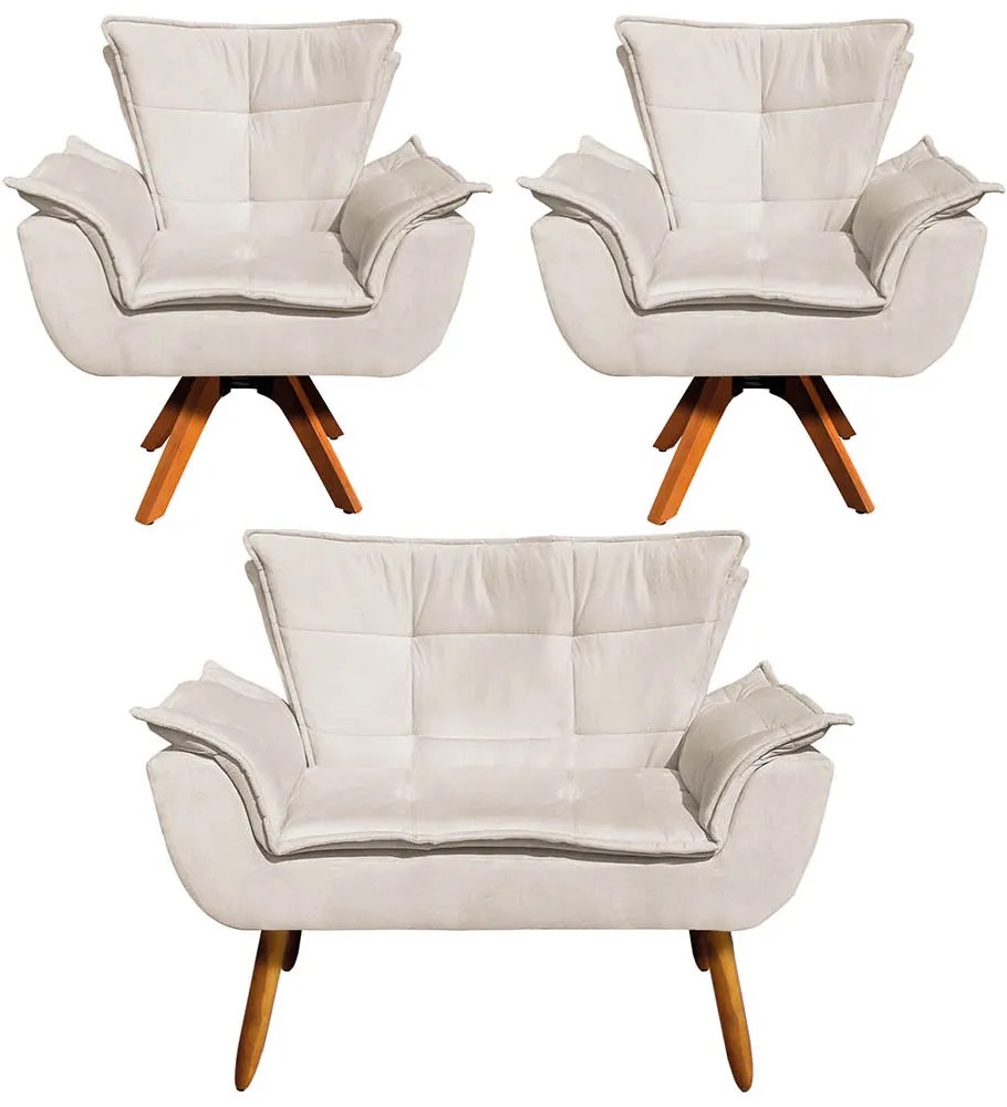 Sofá Namoradeira e 2 Poltronas Giratória MM30 Opala Suede - Bege