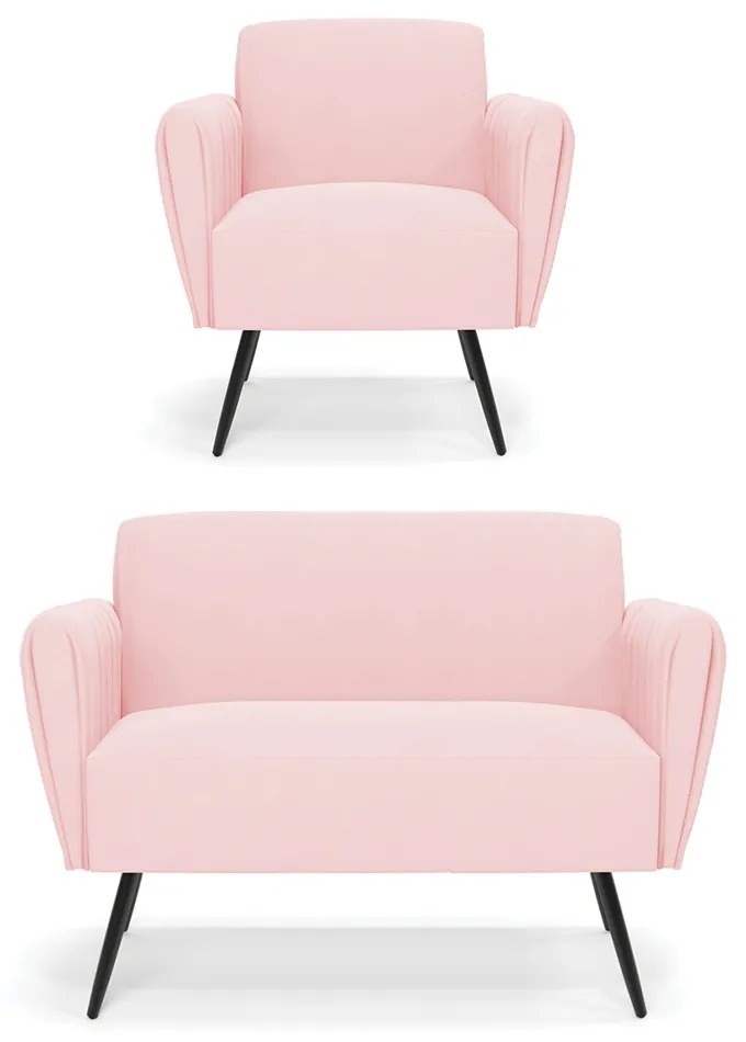 Sofá Namoradeira com Poltrona Pés Palito de Ferro Bruna Suede D01 - D'Rossi - Rosa Bebê