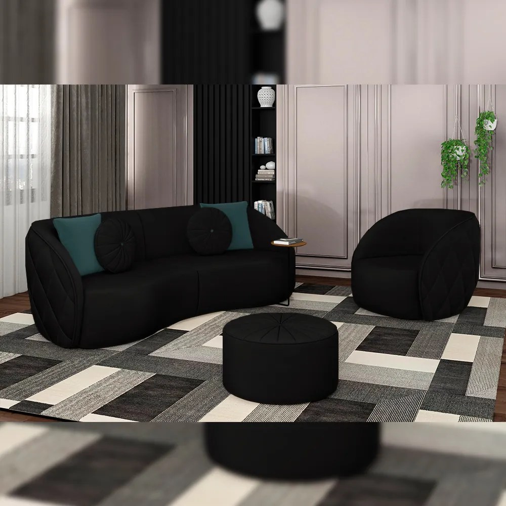 Conjunto Decorativo Sofá 240cm e Poltrona Clarke com Puff Round Veludo Preto G45 - Gran Belo