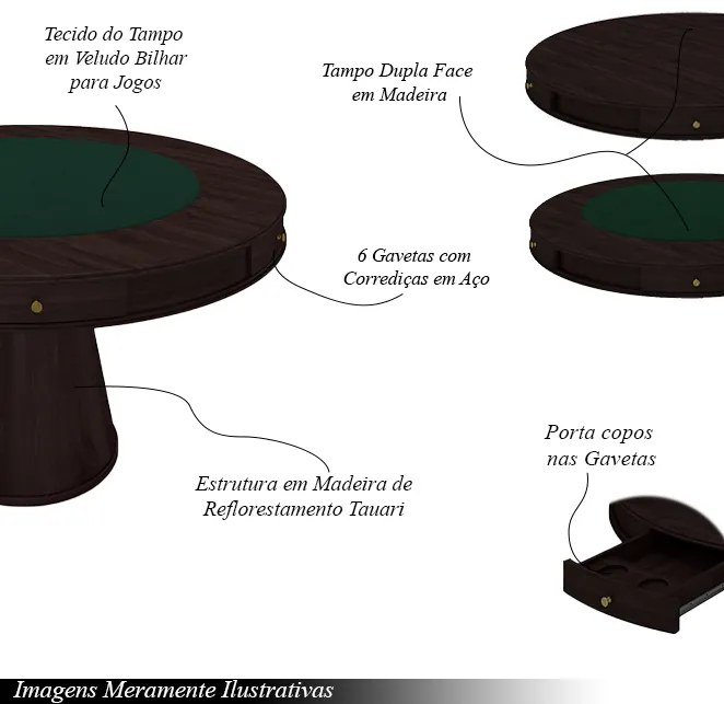 Conjunto Mesa de Jogos Carteado Bellagio Tampo Reversível e 6 Cadeiras Madeira Poker Base Cone Veludo Preto/Tabaco G42 - Gran Belo