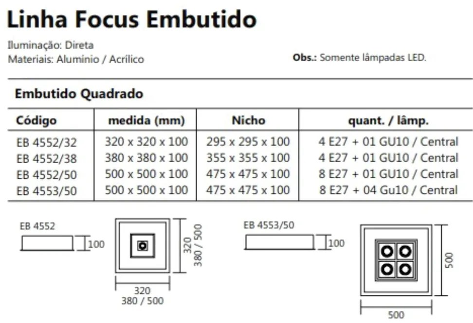 Luminária De Embutir Focus Quadrado C/ Aba 4Xe27 + 1Xmr16 32X32X10Cm |... (BT - Branco Texturizado)