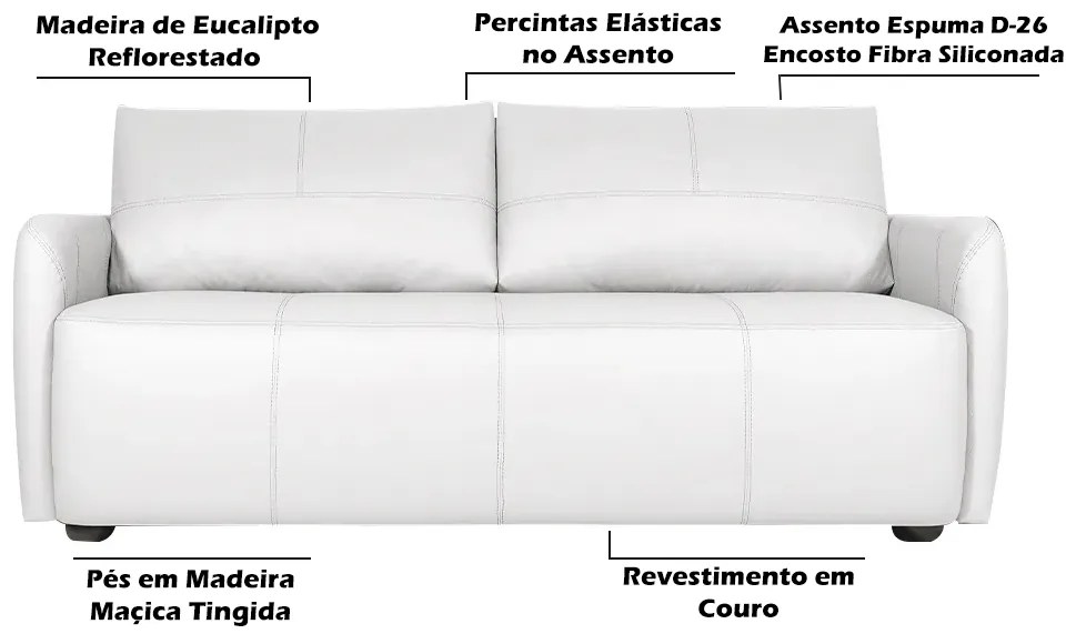 Sofá Decorativo Sala de Estar Lily 3 Lugares 220cm Couro Branco G34 - Gran Belo