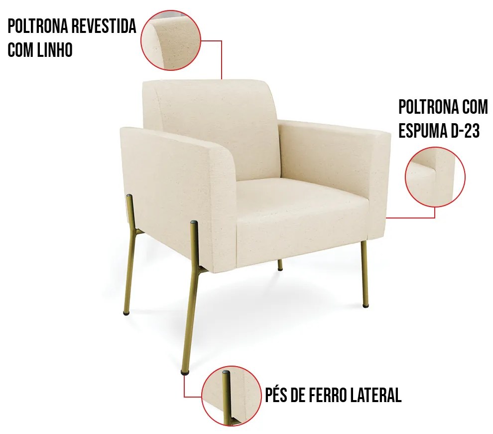 Poltrona Pé de Ferro Dourado para Sala Marisa Linho D03 - D'Rossi - Bege