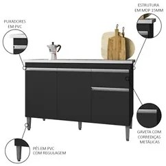 Balcão Gabinete Com Pia Inox 120cm 3 Portas e 1 Gaveta Tatiane Preto -