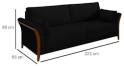 Sofá Living 3 Lugares 222cm Pés Madeira Roya Z32 Veludo Preto - Mpozen