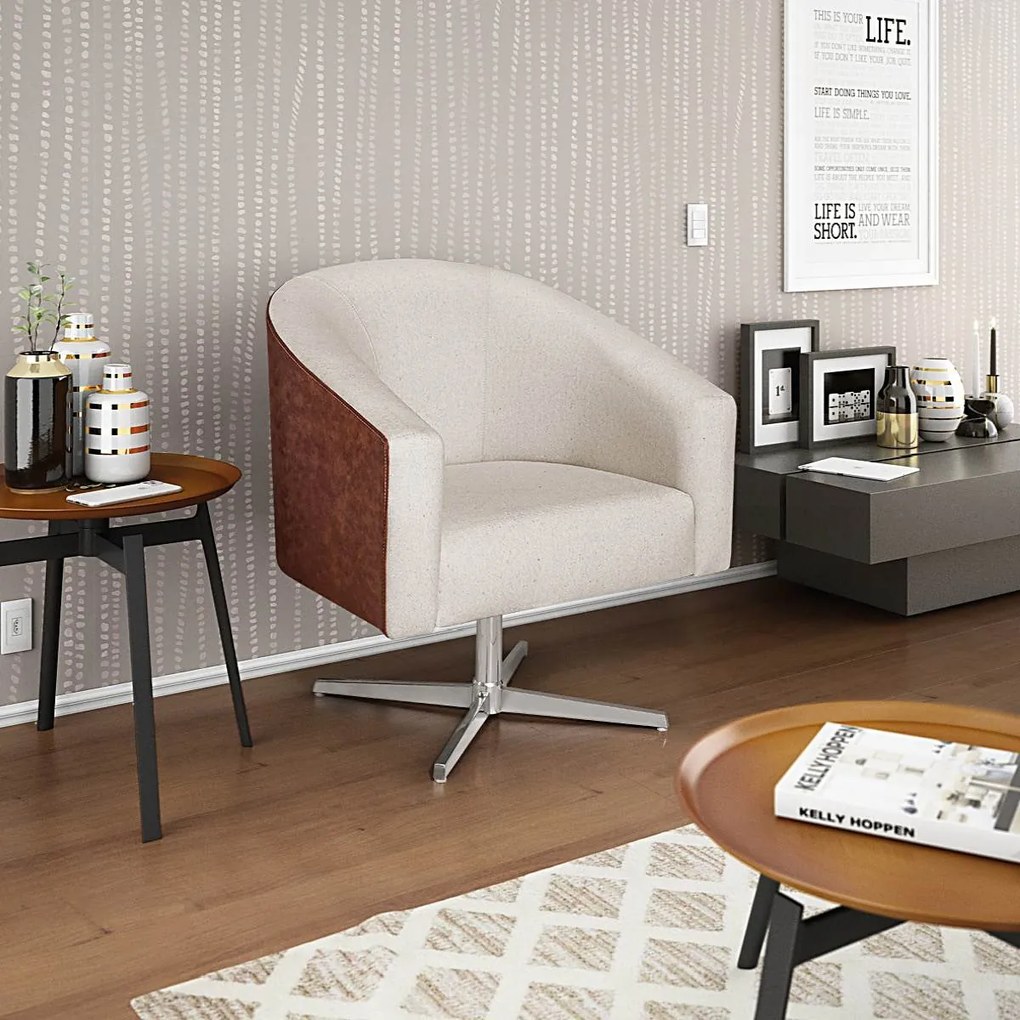 Poltrona Luiza Base Giratória de Metal Corano Nozes e Linho Bege - ADJ Decor