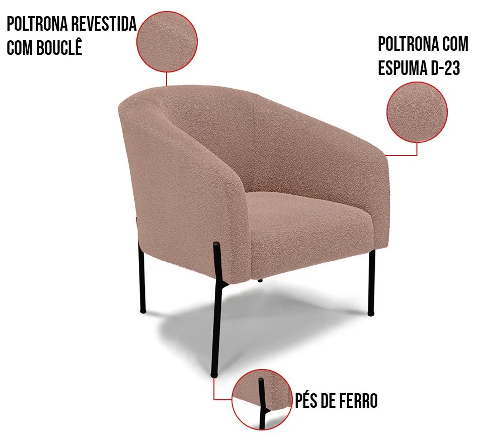Namoradeira e 2 Poltronas Pé Ferro Preto Stella Bouclê D03 - D'Rossi - Rose