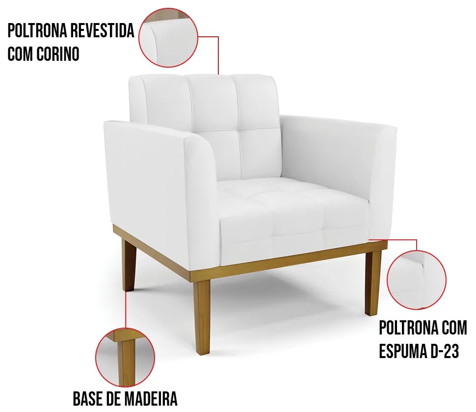 Poltrona Sala Decorativa Elisa Base de Madeira Castanho Sintético D03 - D'Rossi - Branco